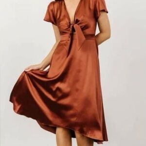 Baltic Born Satin Midi Poppy Dress with tie front in color cinnamon